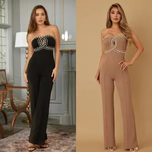 STRAPLESS ALMOND SHAPE SLIT WITH RHINESTONE TRAIN - DOUBLE CROSS OVERLAP DETAIL WITH TRAILS OF RHINESTONES woman jumpsuit Polyester Sleeveless