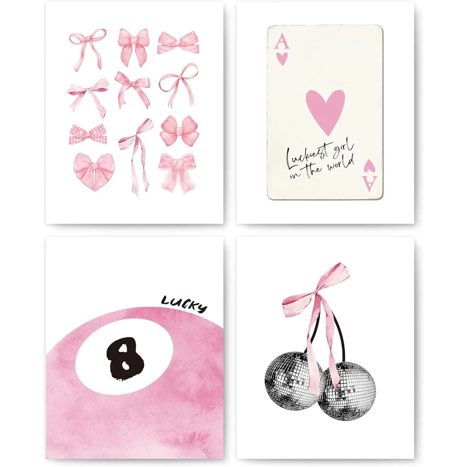 okaxscm Pink Coquette Trendy Preppy Wall Art Prints Set of 4, Coquette Room Decor, Preppy Room Decor Aesthetic, Pink Bow Disco 8 Ball Cherry Wall Decor Posters for Girls Bedroom Dorm, 8x10 Unframed