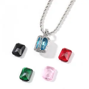 Iced Out Flip Open Colored Gem Pendant Necklace| Hip Hop Chicano Style Cuban Link Chain| Copper Zircon Luxury Jewelry for Men & Women, Minimal Sporty Classic Design, Perfect Holiday Gift