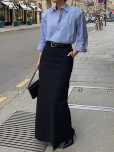 Women's New Spring Summer High Waist Long Skirt in Solid Pattern, Elegant A-Line Style for Work Casual and Romantic Dates