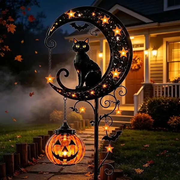 2026 New Solar Halloween Black Cat & Pumpkin Moon Garden Stake Light | Solar Pumpkins Lantern Outdoor Halloween Yard Decor for Garden, Patio, Lawn, Walkway (Pumpkin+Bat)