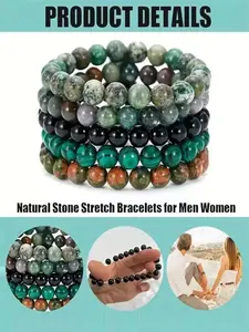 5pcs Semi-Precious Beaded Gemstones Bracelet, Healing Crystal Stone Beaded Bracelets for Women Men, Round Beaded Stretch Bracelets, Unisex Yoga Bracelts