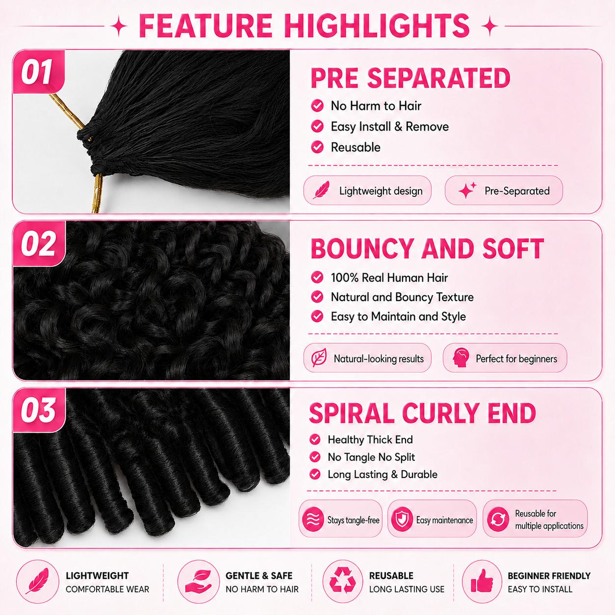 Bangjazz Hair Burmese Curly Crochet Human Hair Pre-Separated Feather Crochet Real Human Hair Invisible Miracle Knots Hair Crochet Hair Extensions Natural Black