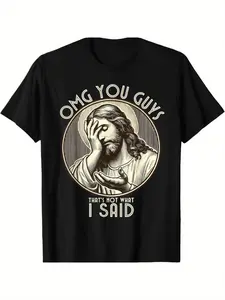 Funny Jesus Graphic, Casual Letters Print T Shirt for Men, OMG You Guys Thats Not What I Said Meme Print Tee, Vintage Streetwear Fitted Short Sleeve Top, Christian Humor Gift, TikTok Viral Trending Faith Fashion for Youth and Adults Menswear