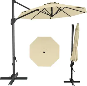 10 ft Beige Cantilever Umbrella Outdoor Patio Umbrella w/Base Included Market Offset Umbrella Sun Shade Windproof with 360-Degree Rotation for Patio Garden Deck Pool