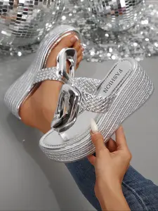 Women's Fashionable Metallic Glitter Slide Sandals, Casual Comfortable Platform Sandals for Beach, Non-slip Slippers for Indoor & Outdoor Wear, Walking Shoes, Glitter Strappy Sandals