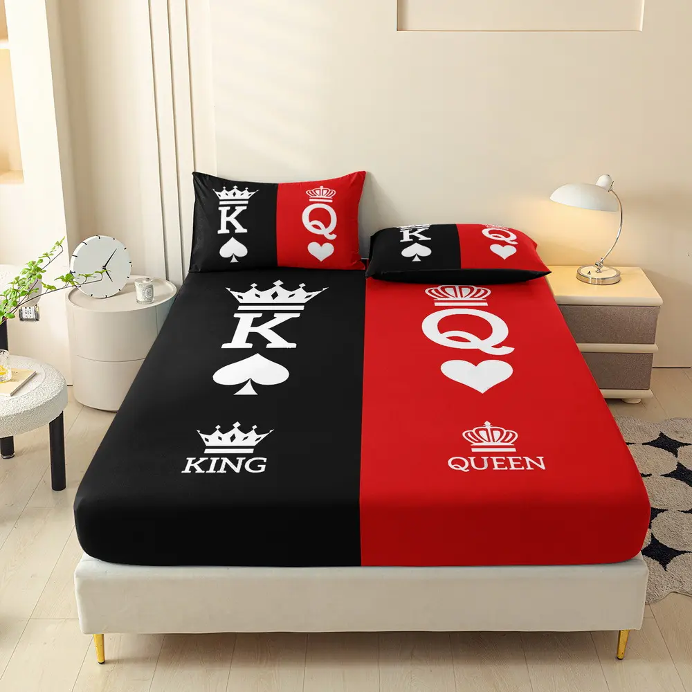 3-Piece Black and Red Matching Queen and King Printed Bed Sheet Set, Queen Mattress Cover, Double Mattress Protector, King and Queen Style Bedding Set, Polyester Machine Washable, Bedroom Guest Room, Birthday Gift (FlanHalloween Quseabed cultra soft micro