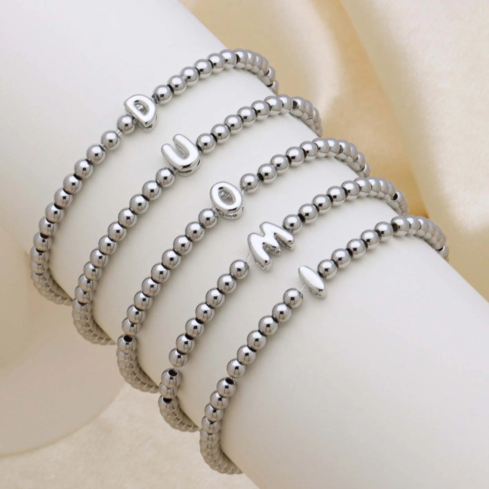 Personalized Stackable Fashion Bracelet - Custom Silver 26 English Name Bubble Letter Round Beads, Elegant Minimalist Bangle, Artificial Gemstone Jewelry Accessory for Personalized Wear, Stackable Bracelets, Personalized Jewelry