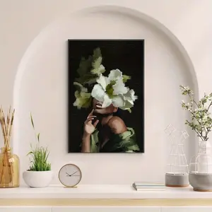 Sage Green Large Wall Art Prints Floral African Female Portrait Canvas Wall Art  Black Girl with Green Dress & White Flowers,Ready-to-Hang Wrapped Wooden Frame,Home Decoration Bedroom Living Room,Bathroom Festivals,Anniversaries,Parties,African Home Decor