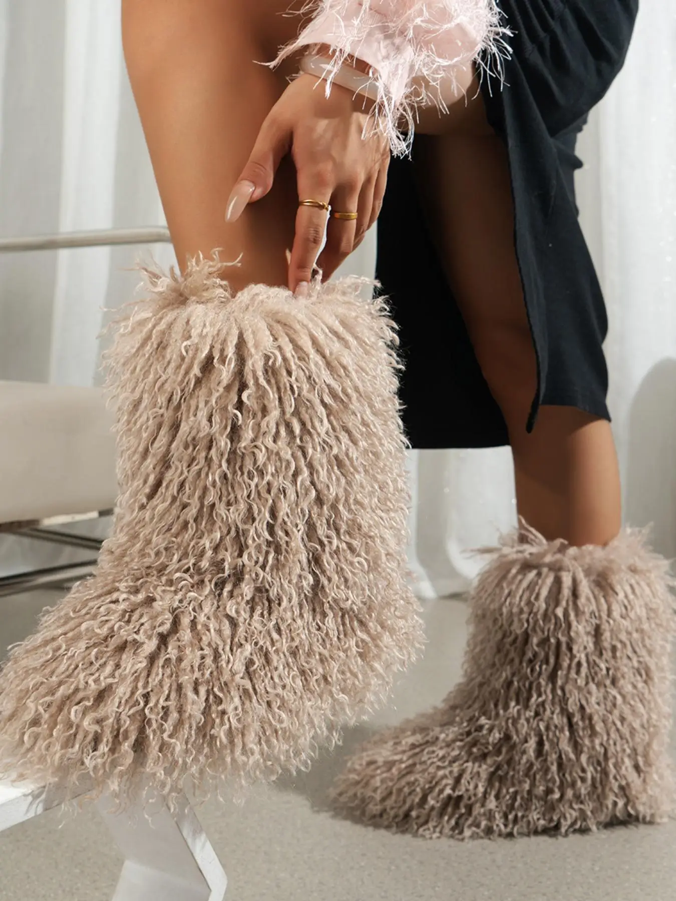 Women's Solid Color Fluffy Trim Outdoor Snow Boots, Casual Comfortable Warm Boots for Winter, Holiday Gift, Fashionable Boots for Daily Wear