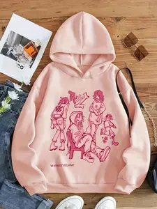 Girl's Cartoon & Letter Print Hoodie, Casual Long Sleeve Hooded Funny Graphic Sweatshirt for Spring & Fall, Kids Clothes for Daily Wear