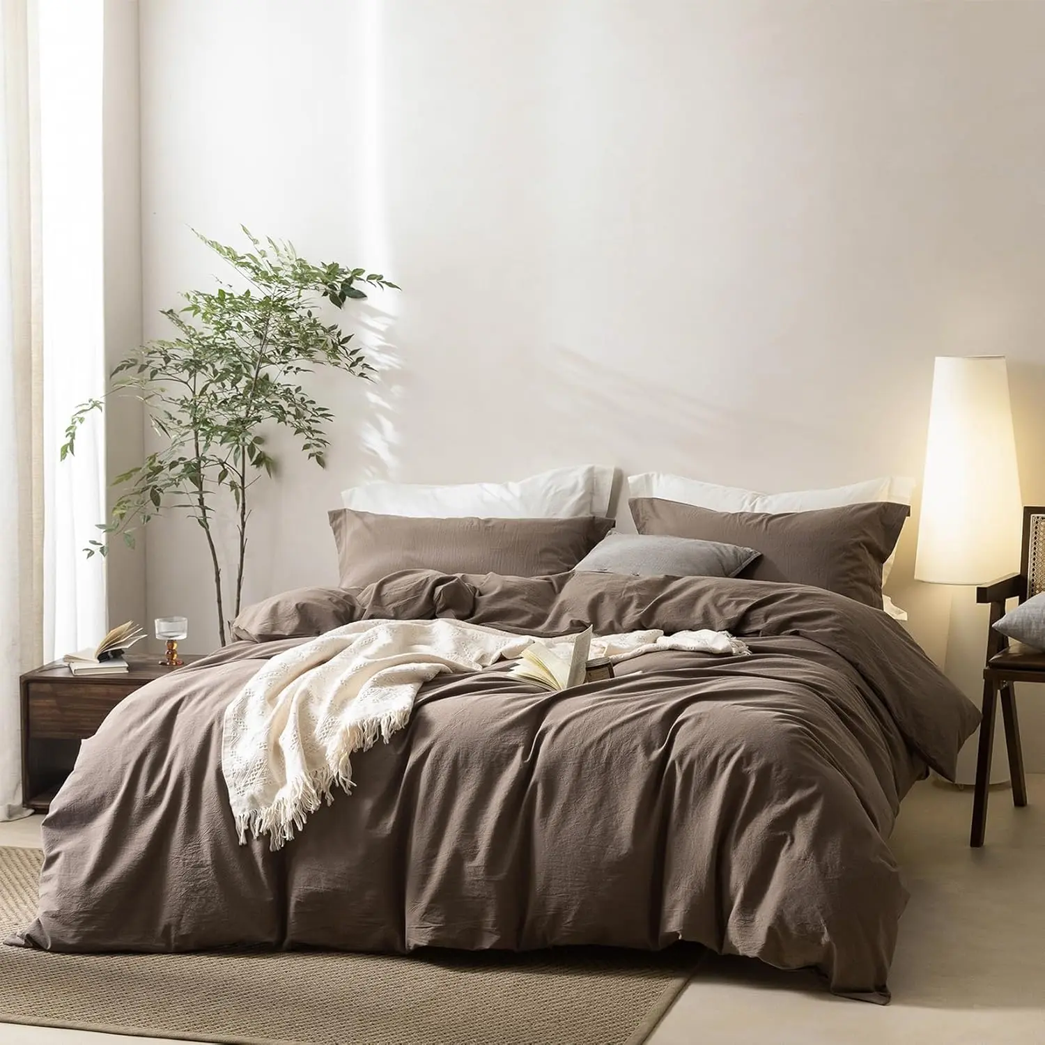 Cotton Linen Feel Light Chocolate Brown King Size Breathable Duvet Set (104in x 90in) - 100% Machine Washable Covers, 2 Pillowcases, Closure, OEKO-TEX Certified, Natural Tones Bedroom Decor