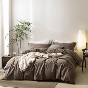 Linen Feel Light Chocolate Brown Duvet Cover King Size 104'' x 90'', 100% Washed Duvet Cover with Closure 2 Pillowcases, Oeko TEX Standard Certificated