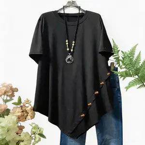 Plus Size Women's Casual T-Shirt: Loose Short Sleeves, Round Neck with Buttons - Asymmetrical Hem for Summer​