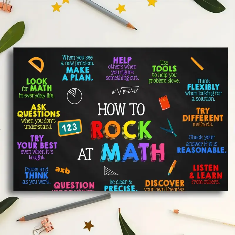1pc Wooden Frame "How to Shine in Math" Canvas Poster - 12x 18inch Colorful Math Classroom Decor with Study Tips and Symbols, Middle and High School Teacher Resources, Student Education Wall Art, Student Motivation Math Art| Optimistic Design| High qualit