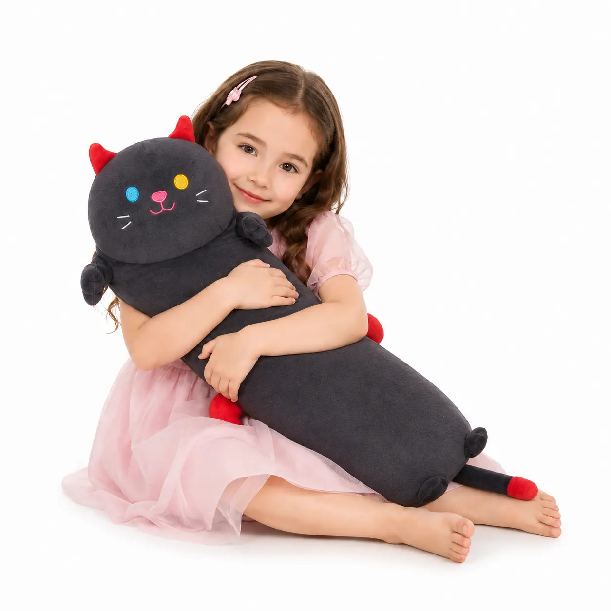 CHUBBYJOY 20Inch Gothic Devil Cat Long Plush Body Pillow, Black Cat Stuffed Animal with Red Horns Tiny Wings, Soft PP Cotton Squishy Hug Cushion, Cute Girly Gifts for Bedroom Dorm, Birthday Valentine Xmas Gift for Cat Lovers Teens Plush Collectors