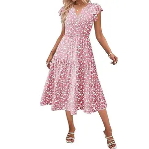 Zeagoo Women's Summer Casual Midi Dress, Ruffle Sleeve V-Neck, Flowy Tiered Design with Pockets, Boho Floral Sundress for Beach Wear