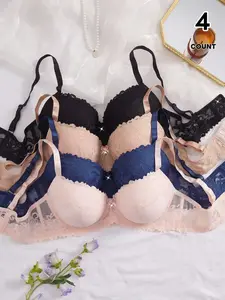 4-Piece Lace Push-Up Bra Set for Women, Elegant Floral Pattern Underwear, Comfortable and Form-Fitting, Perfect for Everyday Wear, Lingerie