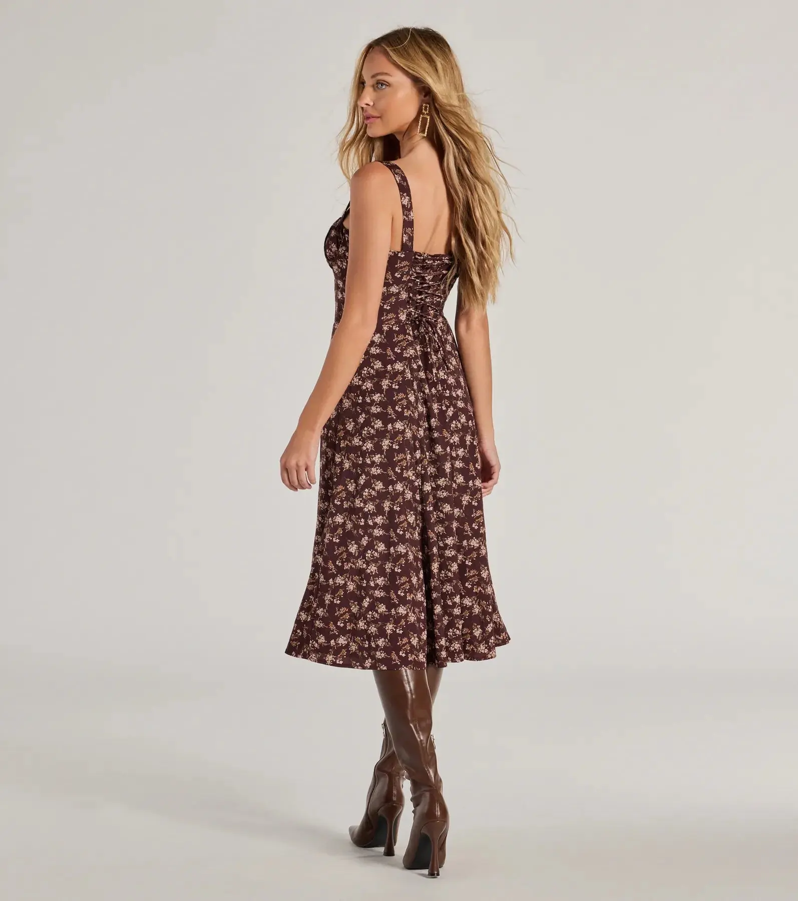 Chic Fall Vibe Ditsy Floral Corset Midi Dress - TikTok Shop