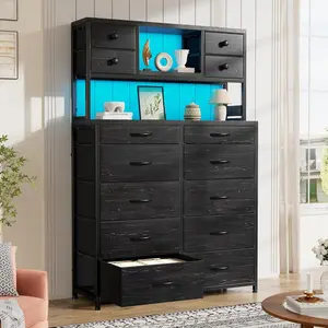 RaybeeFurniture Tall Dresser with 14 Fabric Drawers & Built-in Charging Station, 3 Open Shelves, LED Lighted Storage Cabinet with Steel Frame, Wood Top for Bedroom, Living Room, Entryway, Closet, Modern Multi-Funtional Organizer with Space-Saving Design