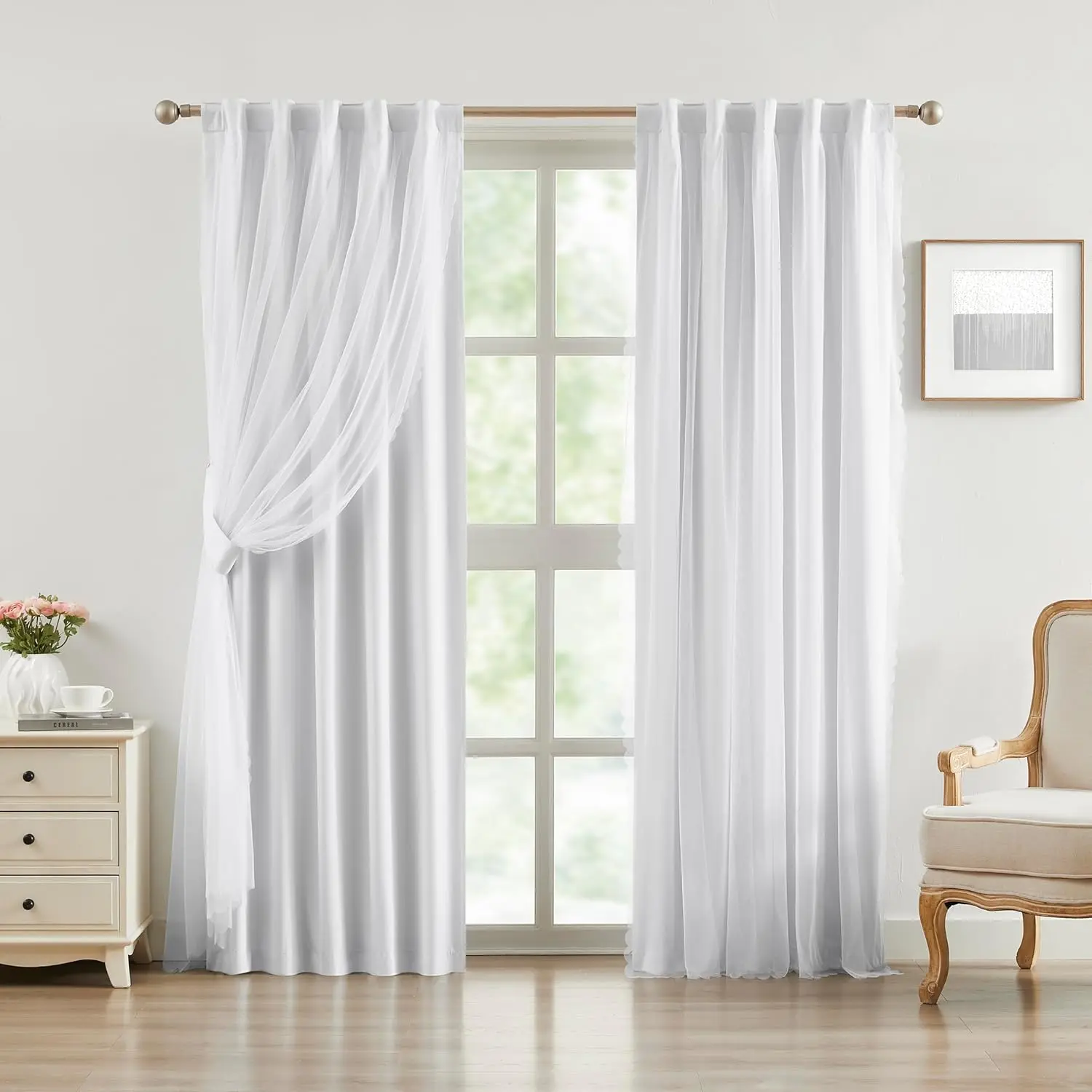 White Full Blackout Curtain with Sheer Overlay Mix and Match Double Layer Thermal Insulated Window  Set for Bedroom White Drapes with Tiebacks Rod Pocket  Tab 37" Wx84 Lx2