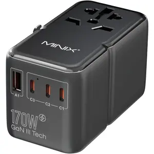 170W Universal Travel Adapter GaN III Travel Adapter Worldwide with 3 USB-C & 1 USB-A Ports, International Power Adapter Compatible with /UK/EU/AU for Laptops, Tablets, Phones, Cameras