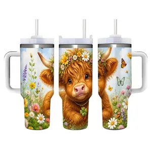 40oz Cute Highland Cow with Flower Crown and Butterflies Stainless Steel Tumbler， Tumbler with Handle and Straw Double Wall Vacuum Insulated Travel Mug， Coffee Cups With Lids， Perfect Gifts For Birthday Holidays.