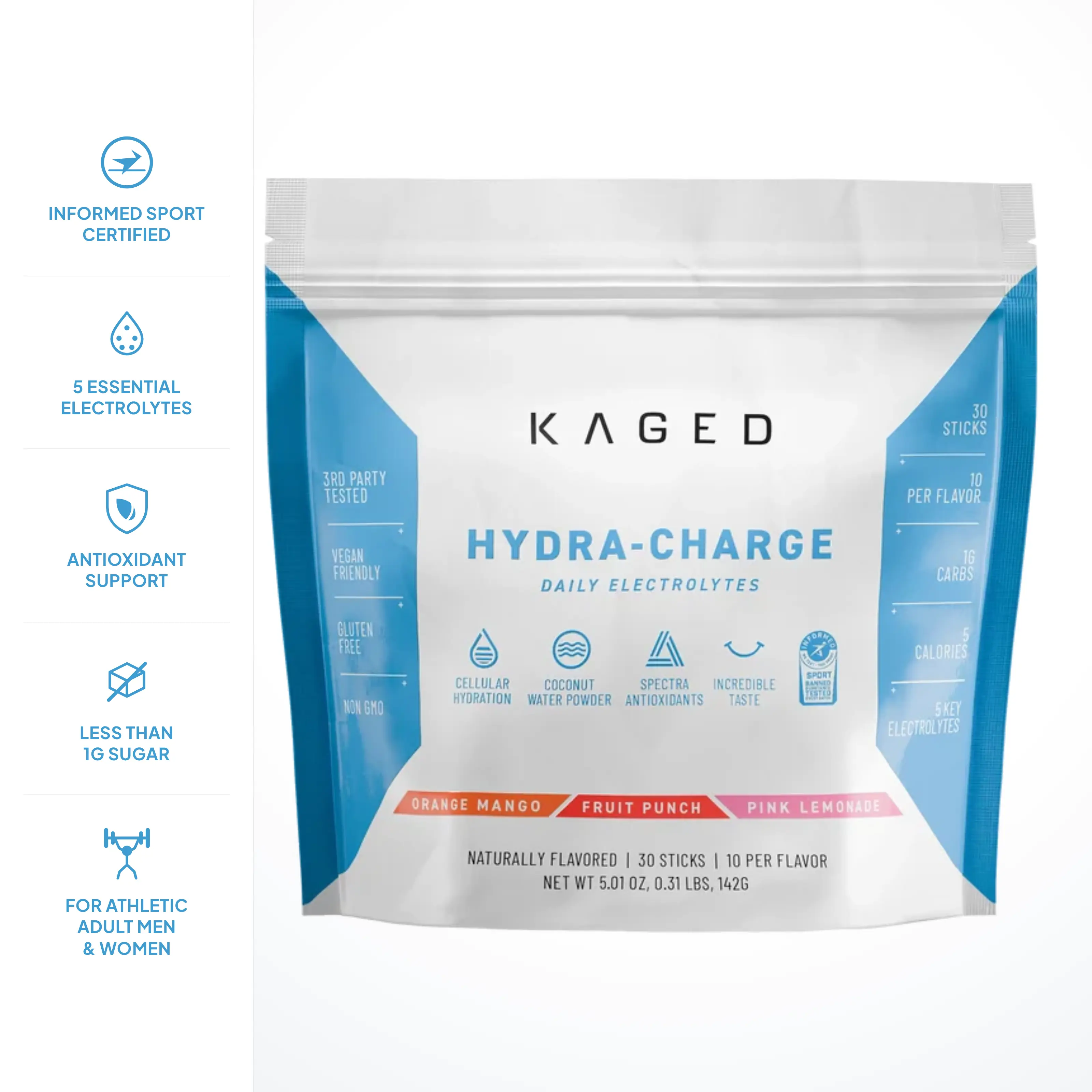 Kaged Hydra-Charge Electrolyte Powder Stick Packs, Variety Pack, 30 Sticks | On-the-Go Daily Hydration with 5 Essential Electrolytes, 1,000mg Taurine & Coconut Water | Sugar Free, 5 Calories, No Artificial Flavors | Informed Sport Certified