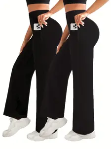 A Two-Piece Set of Breathable, Loose-Fitting, Straight-Leg Pants for Women, Perfect for Yoga, Walking, And Casual Outings, Featuring Side Pockets, Elegant Plus Size Stretch Straight-Leg Pants for Women - Solid Color, High Waist, Comfort Fit for Spring