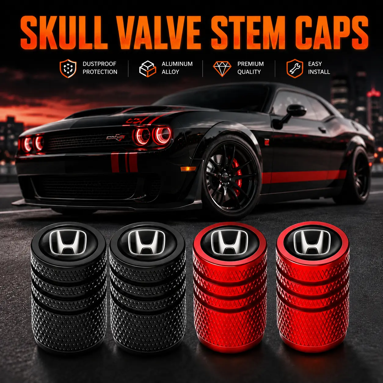 Wear Resistant Metal Tire Valve Stem Caps Mud Block Anti-Corrosion Covers, Easy No-Damage Wheel Parts Fit Honda CR-V Civic Pilot Family Sedans SUVs, Elegant Tire Ornament & Premium Gift For Male Honda Car Drivers