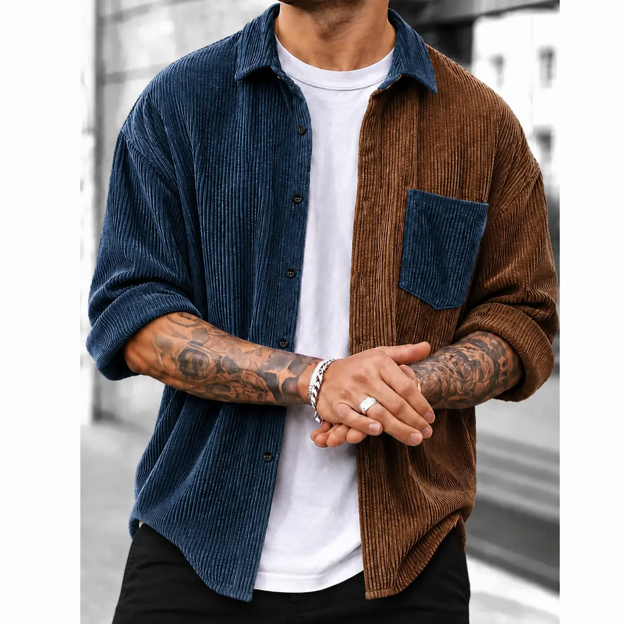 Men's Corduroy Color block Shirt, Long Sleeve Button Down Collared Overshirt for Men, Casual Fall Autumn Shirt Jacket with Chest Pocket, Daily Wear