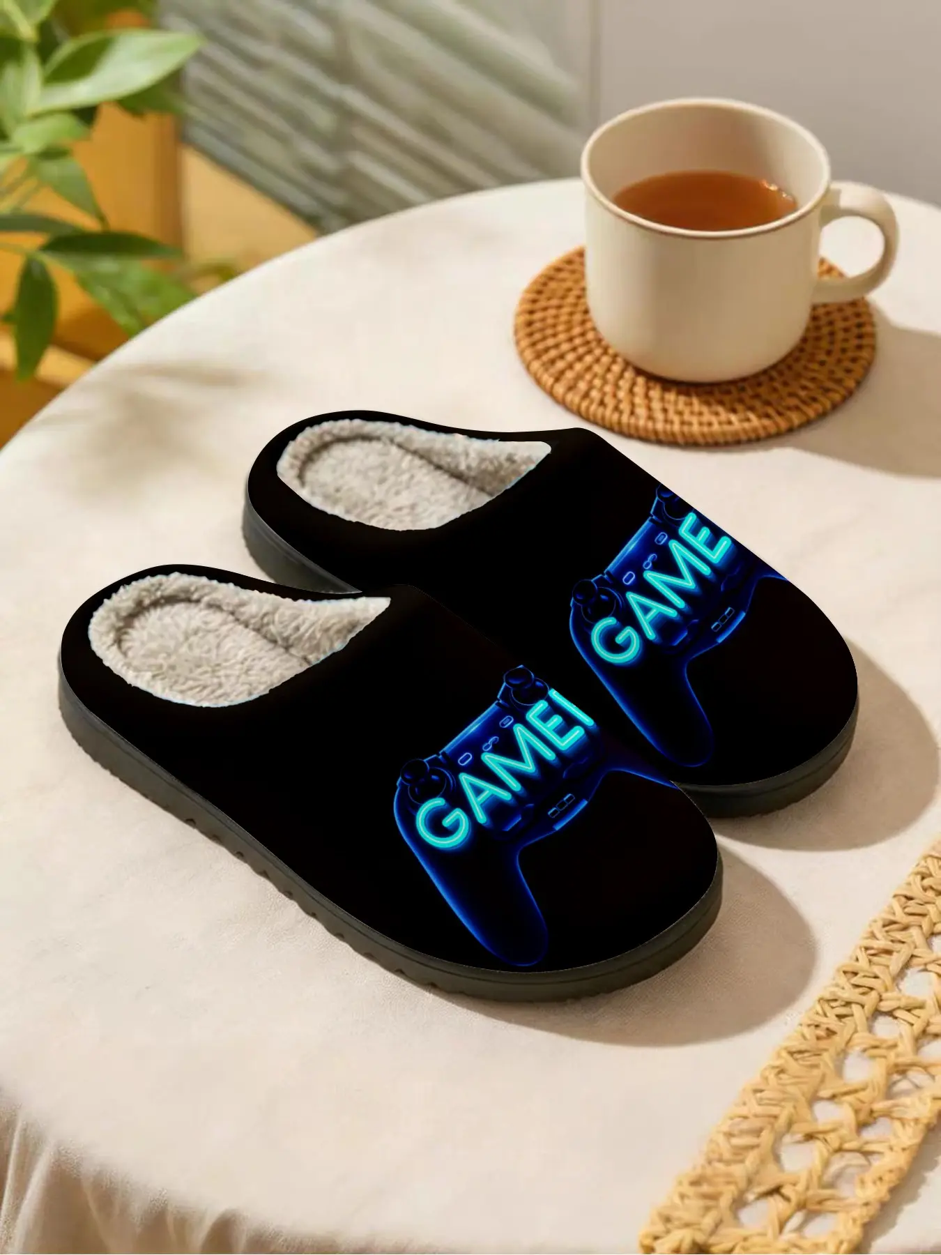Neon Game Controller Graphic × Cool Gamer Mood | 1 Pair | Thick Plush Warm Anti-Slip Durable | Cozy Home Slippers | For Men & Women, Gamers, Home Lovers, Couple Gifts, Birthday & Christmas Winter Gifts
