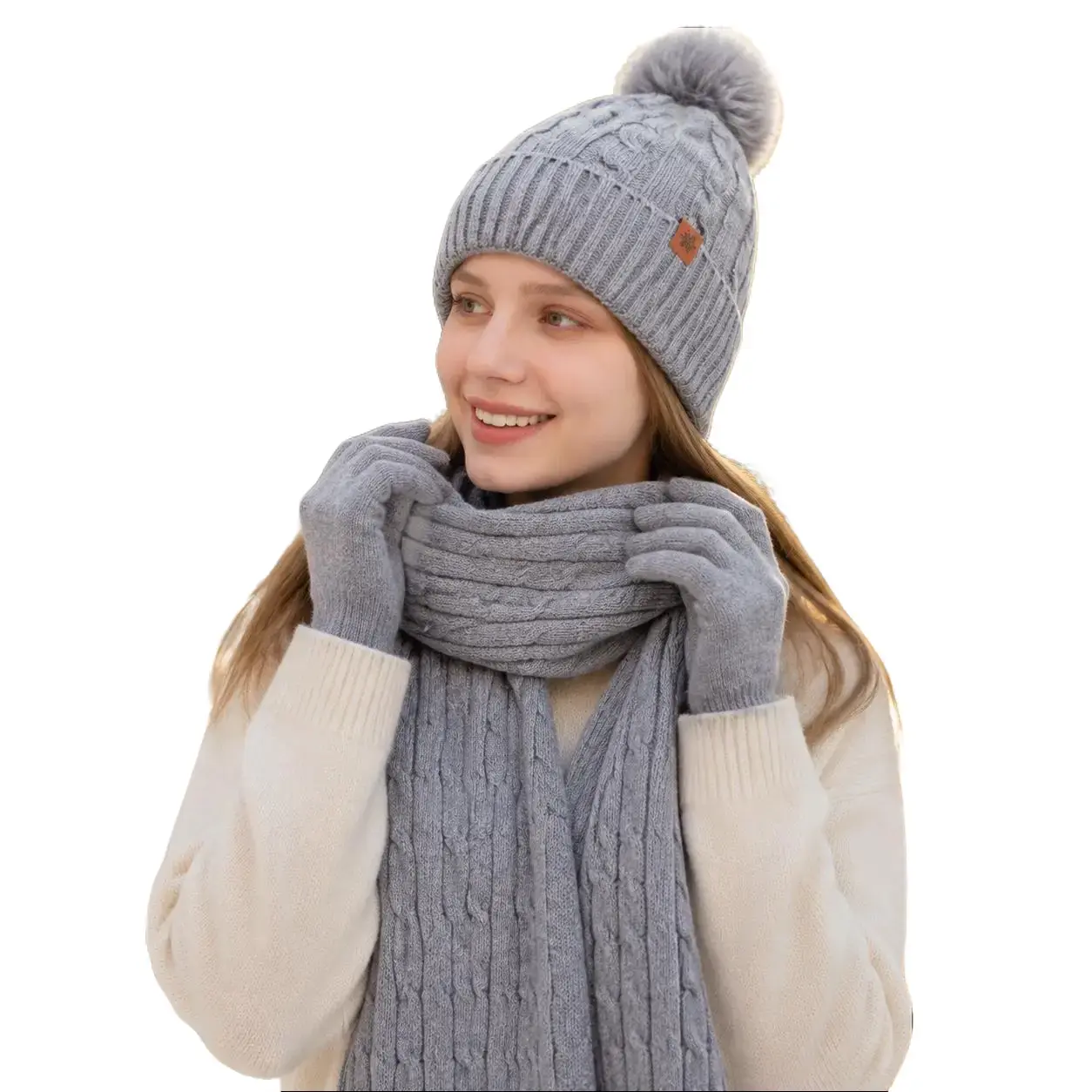 Women's 3-Piece Winter Knit Beanie Hat Scarf and Gloves Set, Cable Knit Fleece Lined Warm Set with Pom Pom for Daily Wear