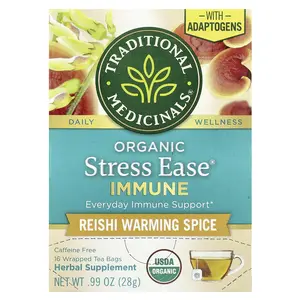 Traditional Medicinals Organic Stress Ease® Immune, Reishi Warming Spice, Caffeine Free, 16 Wrapped Tea Bags, 0.99 oz (28 g)