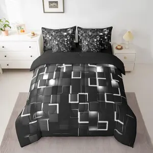 Feelyou 7-Piece Grey and Black Geometric Pattern Bedding Set, Modern Geometric Print Bed-in-a-Bag with Fitted Sheet, Flat Sheet, Breathable Soft Blanket & Light Comforter, for Kids' Bedroom Decor