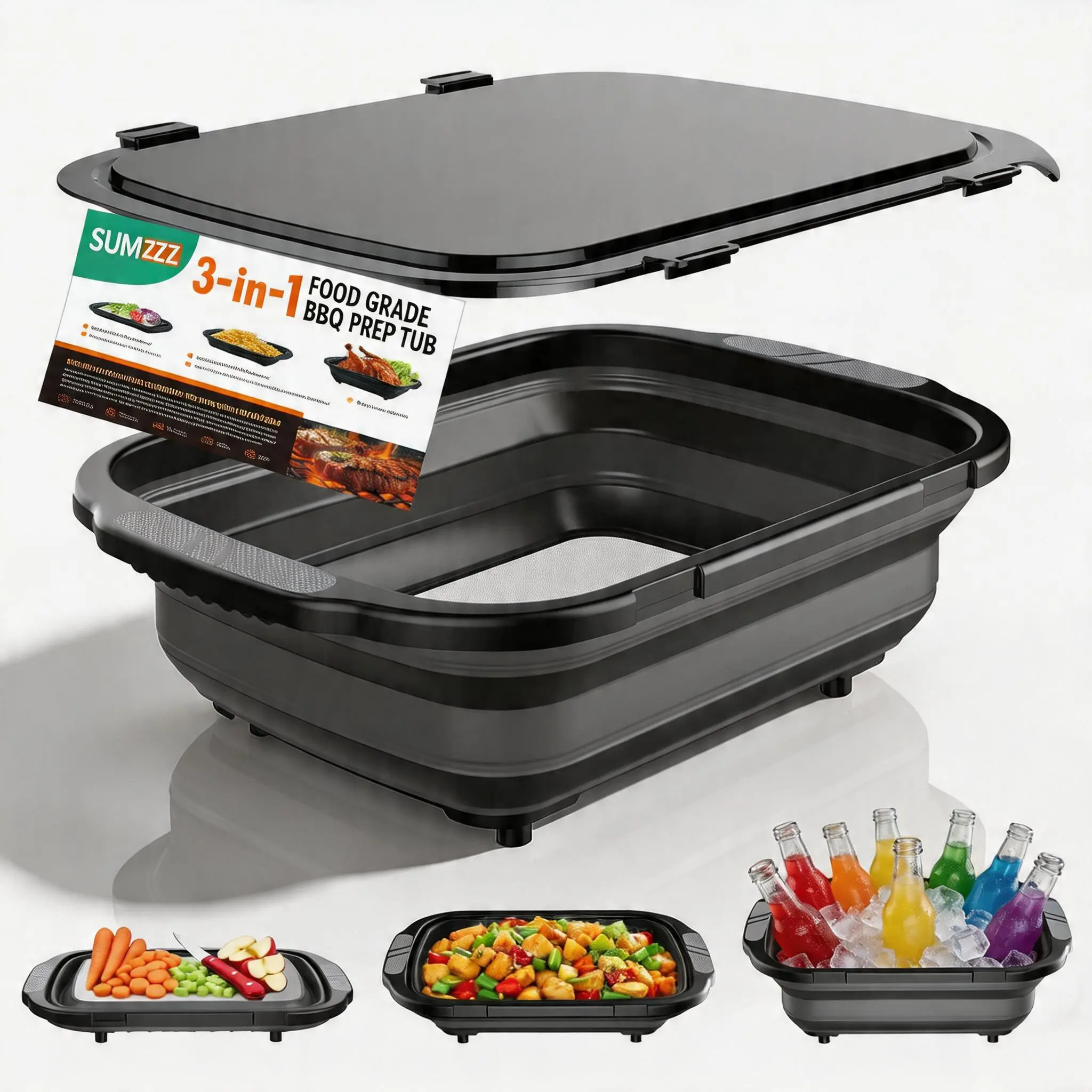 SUMZZZ Collapsible BBQ Prep Tubs with Titanium CuttingBoard, Large-Capacity (5.3Gal/20L) Foldable CuttingBoard, with Locking Lid, Strong Sealing and Leak-ProofDesign. Suitable for Kitchen and Outdoor. food-grade metalchopping board