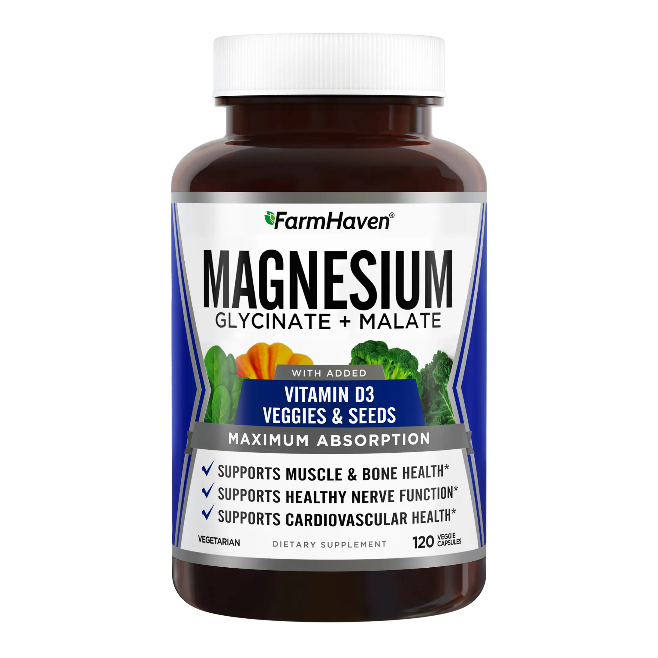 FarmHaven Magnesium Glycinate & Malate Complex with Vitamin D3 100% Chelated for Maximum Absorption Vegan Dietary Supplement 120 Capsules Daily Health