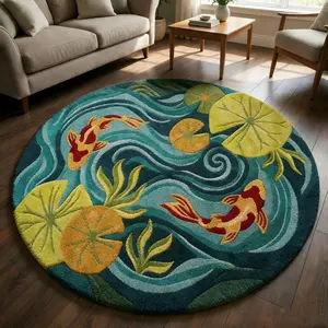 1 piece new Chinese style koi lotus round carpet Chinese aesthetics tea room study living room decorative floor mat suitable for living room/bedroom and other multi-functional carpet easy care perfect holiday gift