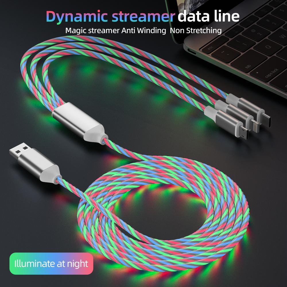 2 Packs 3-in-1 LED Glow Charging Cable, Flowing Light USB Cable, Universal 3 in 1 Charger Cord with USB C/Micro USB/Lightning, Compatible for iPhone Android Phones