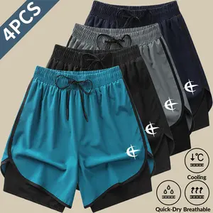 Men 2-in-1 Ice Silk Running Shorts Quick Dry Breathable Elastic Drawstring Waist Loose Fit Workout Casual Sports Shorts