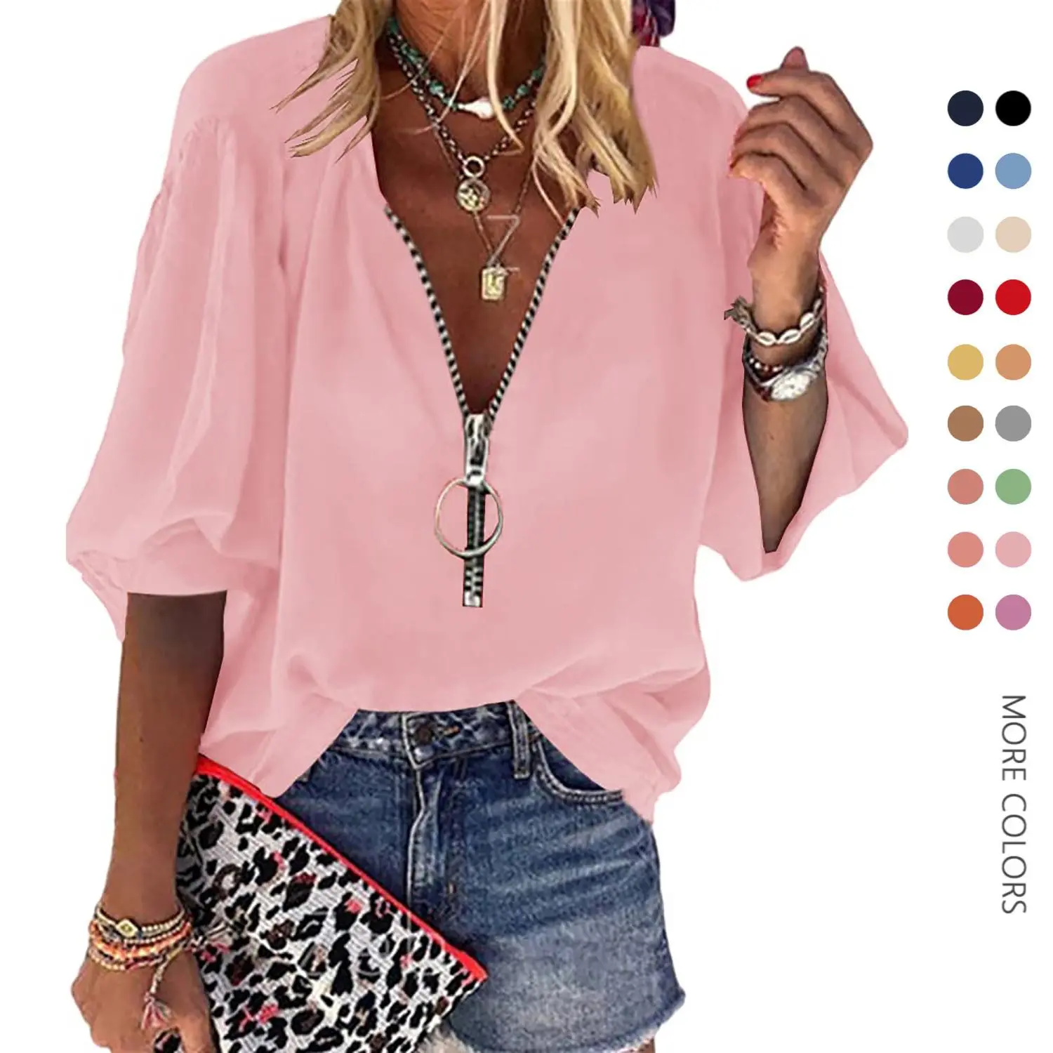 Women's Deep V-Neck Plain Lantern Sleeve Shirt - Spandex-Polyester Fabric, Zipper Detail, Loose Fit, Minimalist Skinny-Friendly Dressy Casual Tops (Large/US 12-14), Going Out, Half Sleeve, Hand Wash Only, Basic, Sexy, Ootd Ideas, Style Inspo, Women's Tops