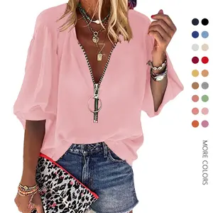 Danedvi Womens V-Neck Lantern Sleeve Blouse Zipper Design Loose Casual Top Shirts Black Polyester