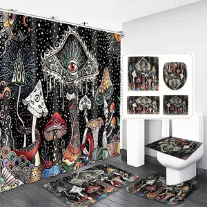 Fashion Mushroom Pattern Polyester Removable Shower Curtain Set - Includes 12 Plastic Hooks, Waterproof Curtain, Non-Slip Mat, Toilet Seat Cover, Toilet Lid Pad, Home Bathroom Decor, Ideal Gift (Not Recommended for Garden Use)