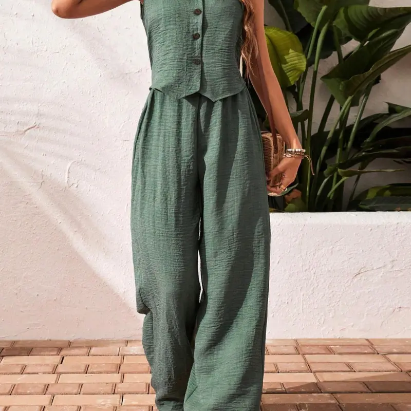 Two-Piece Set Suits Women's Basic Solid Color Fitted Tank Top & Wide-Leg Pants, Casual Sleeveless Top & Trousers for Daily Wear, All Seasons Plain Color Set, Casual Everyday Set