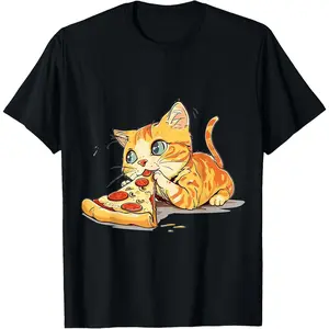 Funny Cat eating Pizza Anime Kawaii Graphic T-Shirt
