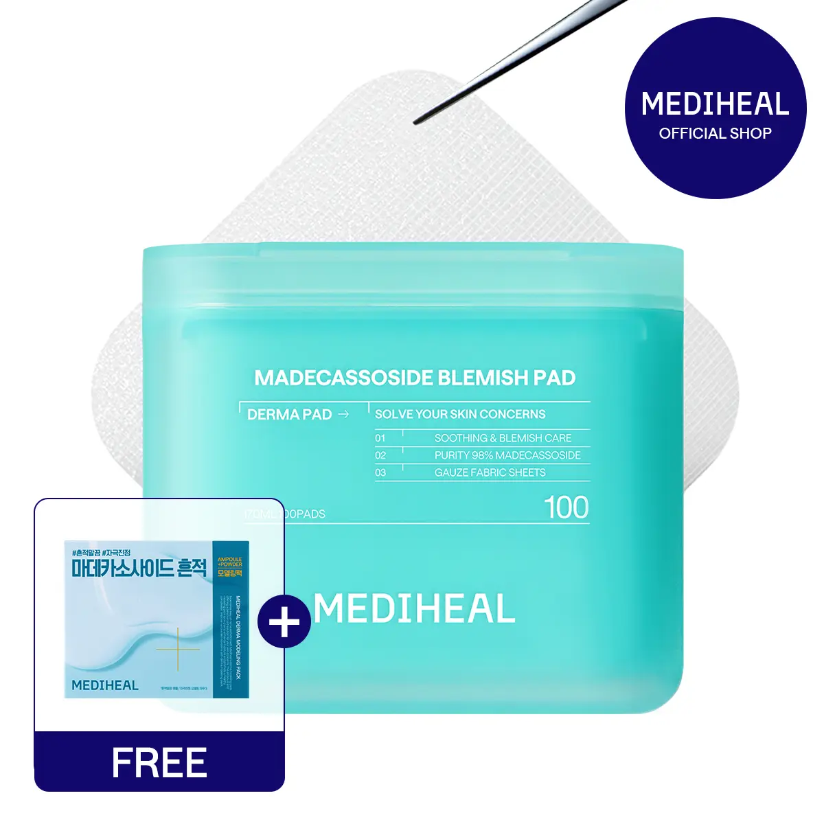 [MEDIHEAL] Madecassoside Blemish Pad (100pc) | 98% Pure Madecassoside | Dark Spot & Blemish Clearing | 239% Hydration Boost | Gauze Fabric | Korean Skincare