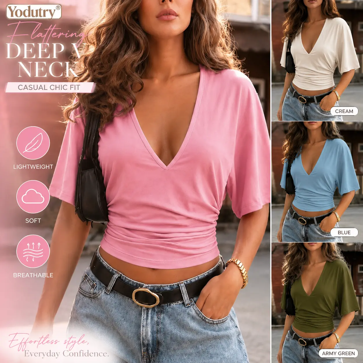 Yodutry| Flattering Deep V Neck Ruched Crop Tops Women Soft Breathable Dolman Sleeve Casual Blouses