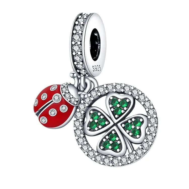 Ladybug and Clover Drop Charm — Sterling Silver Enamel Design