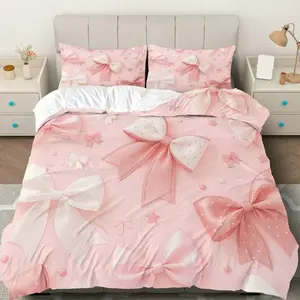 3pcs Valentine's Day Theme Bow Duvet Cover Set, Bedroom Bedding Set, Includes 1 Fitted Sheet and 2 Pillowcases, Soft Breathable Polyester Fiber
