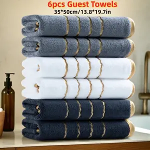 6pcs Golden Striped Coral Fleece Guest Towels, 35*50cm/13.8*19.7in, Solid color Guest Towels, Hanging Rope Design, Highly Absorbent, Soft and Comfortable, and Easy to Carry. Suitable for Guests, Travel, Parties, Bathroom Towels, Bathroom Accessories